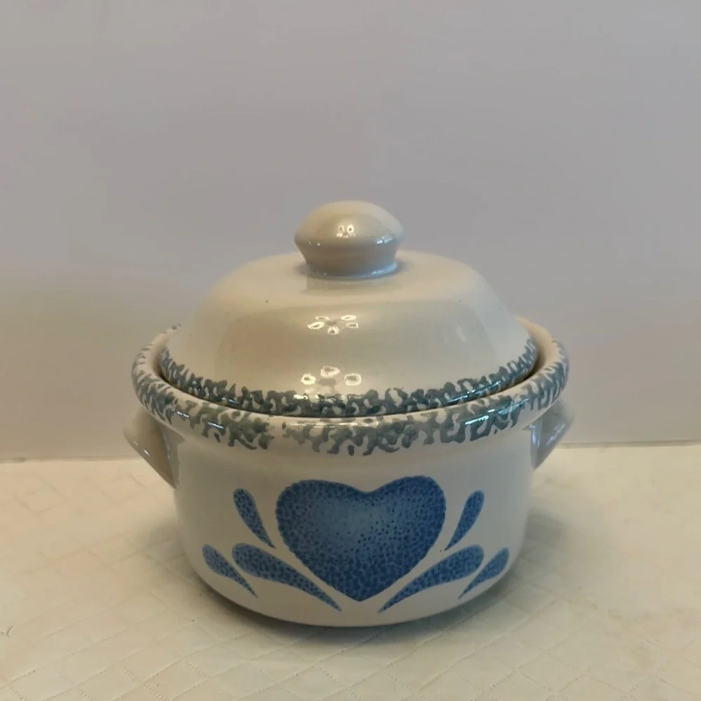 VTG Corelle Blue and White Ceramic Sugar Bowl with Heart Design Small